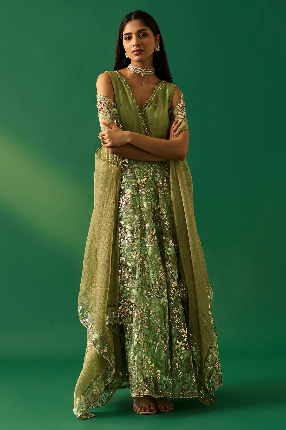 Green Embroidered Anarkali Tissue Dress with Churidar